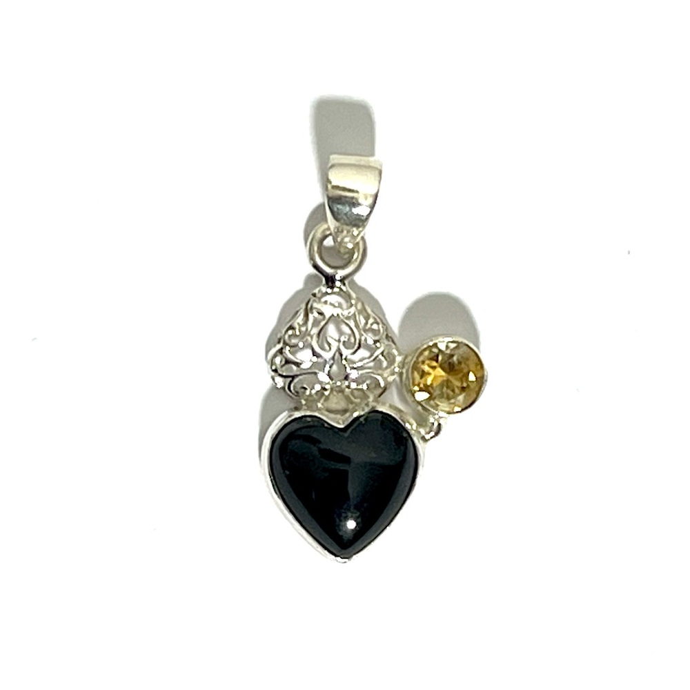 New Sterling Silver Onyx & Citrine Heart Pendant 925